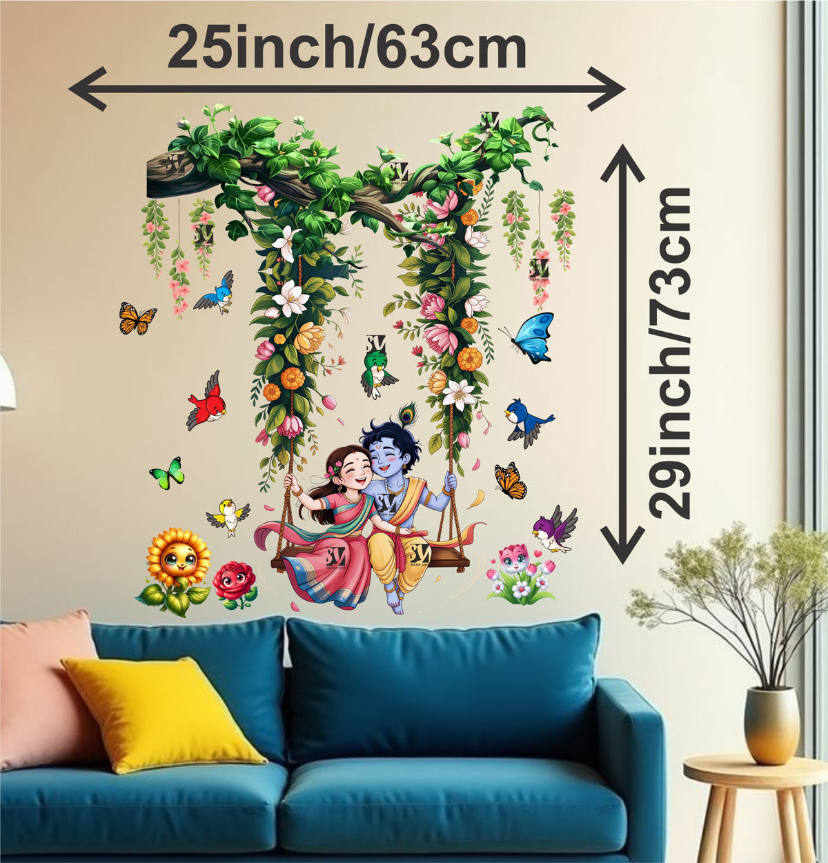 FramingoKart Bal Radha Krishna Swing On Tree Art Decal Wall Stickers For Home,Kids,Bedroom,Living,Kitchen,Office Multicolor Vinyl Size- 63X73CM