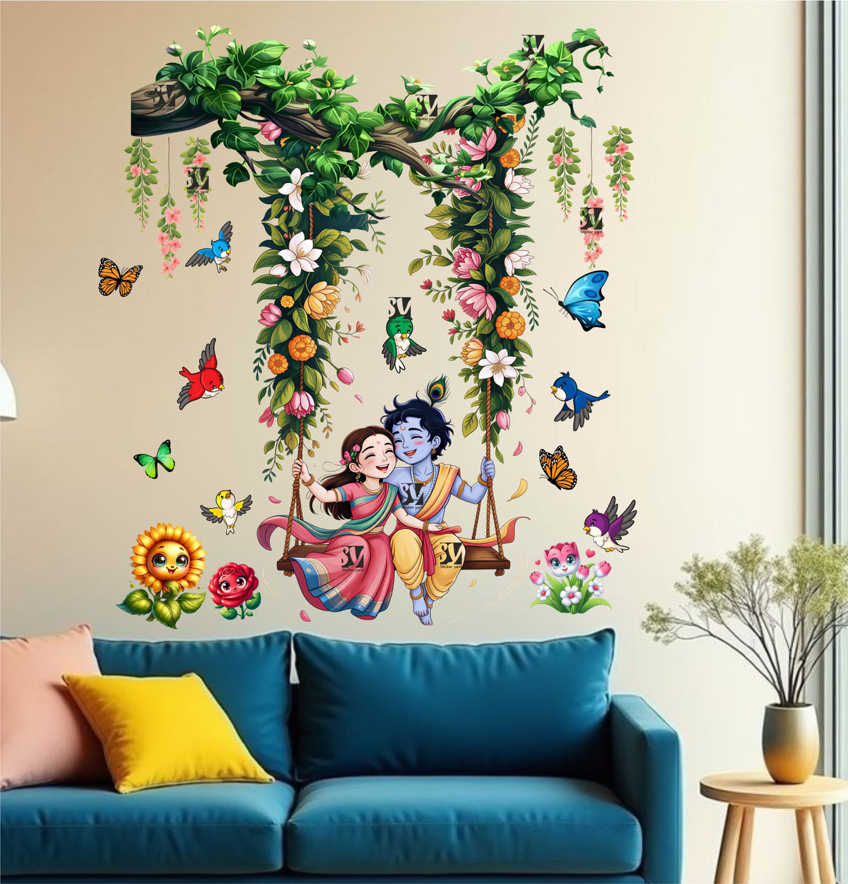 FramingoKart Bal Radha Krishna Swing On Tree Art Decal Wall Stickers For Home,Kids,Bedroom,Living,Kitchen,Office Multicolor Vinyl Size- 63X73CM