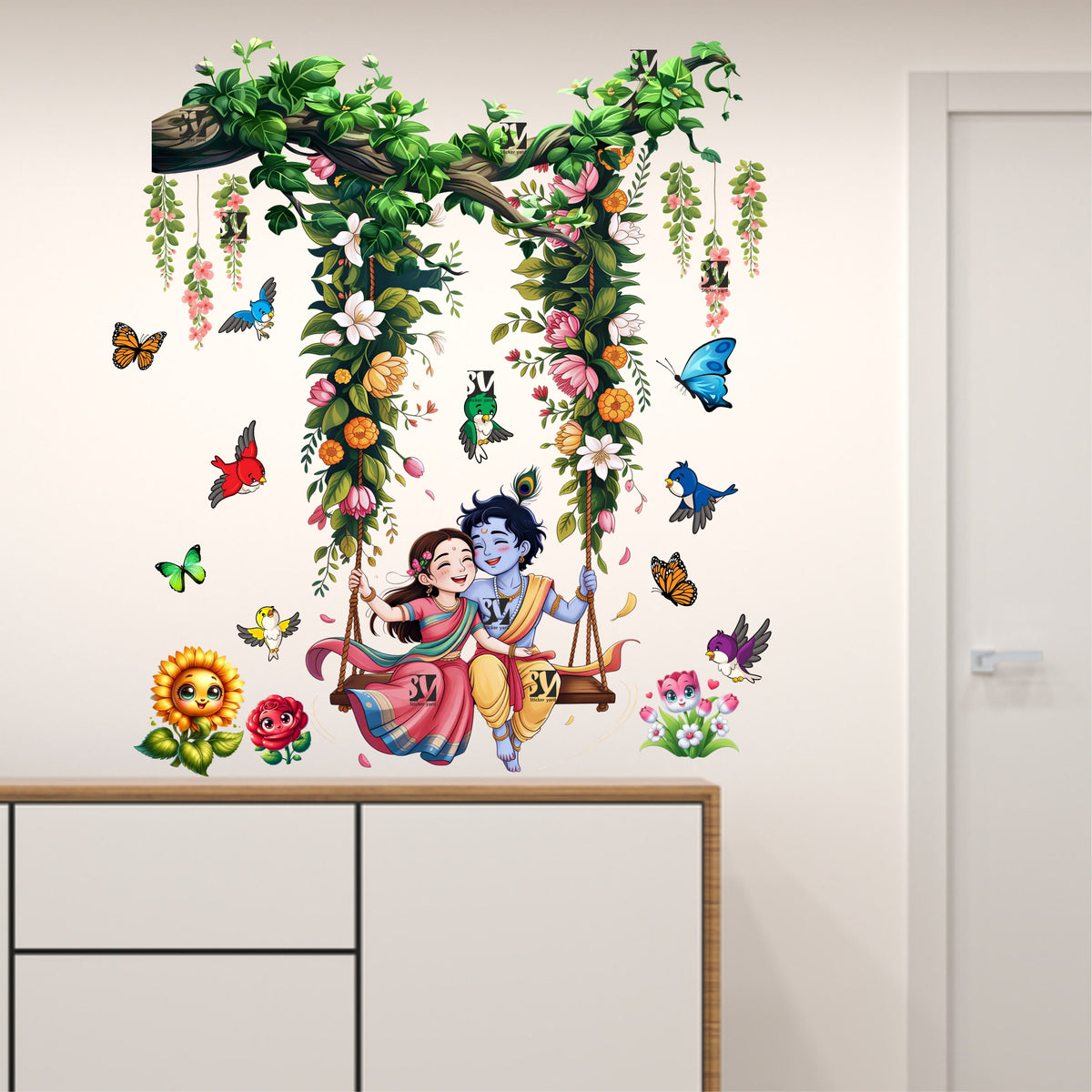 FramingoKart Bal Radha Krishna Swing On Tree Art Decal Wall Stickers For Home,Kids,Bedroom,Living,Kitchen,Office Multicolor Vinyl Size- 63X73CM