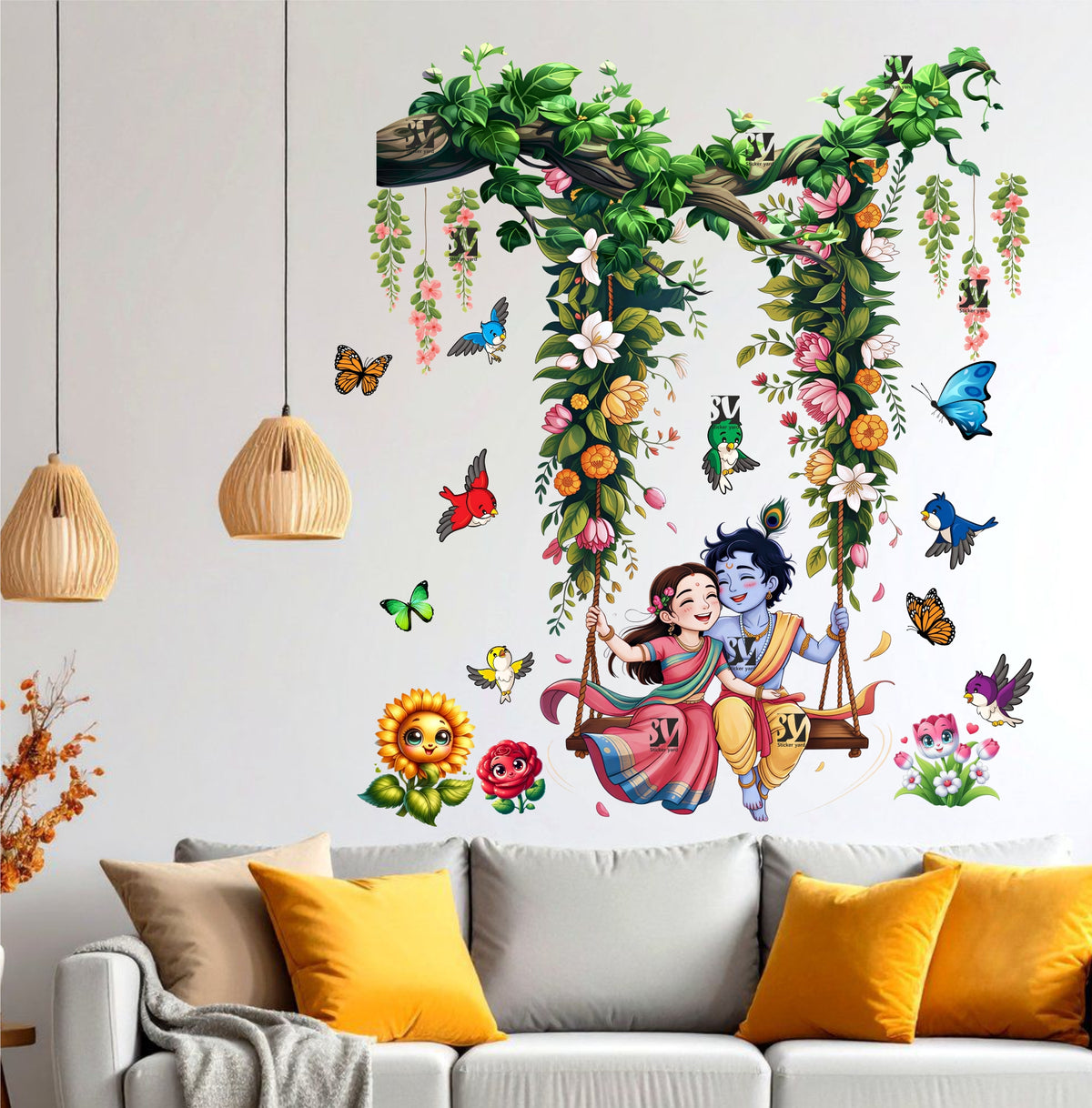 FramingoKart Bal Radha Krishna Swing On Tree Art Decal Wall Stickers For Home,Kids,Bedroom,Living,Kitchen,Office Multicolor Vinyl Size- 63X73CM