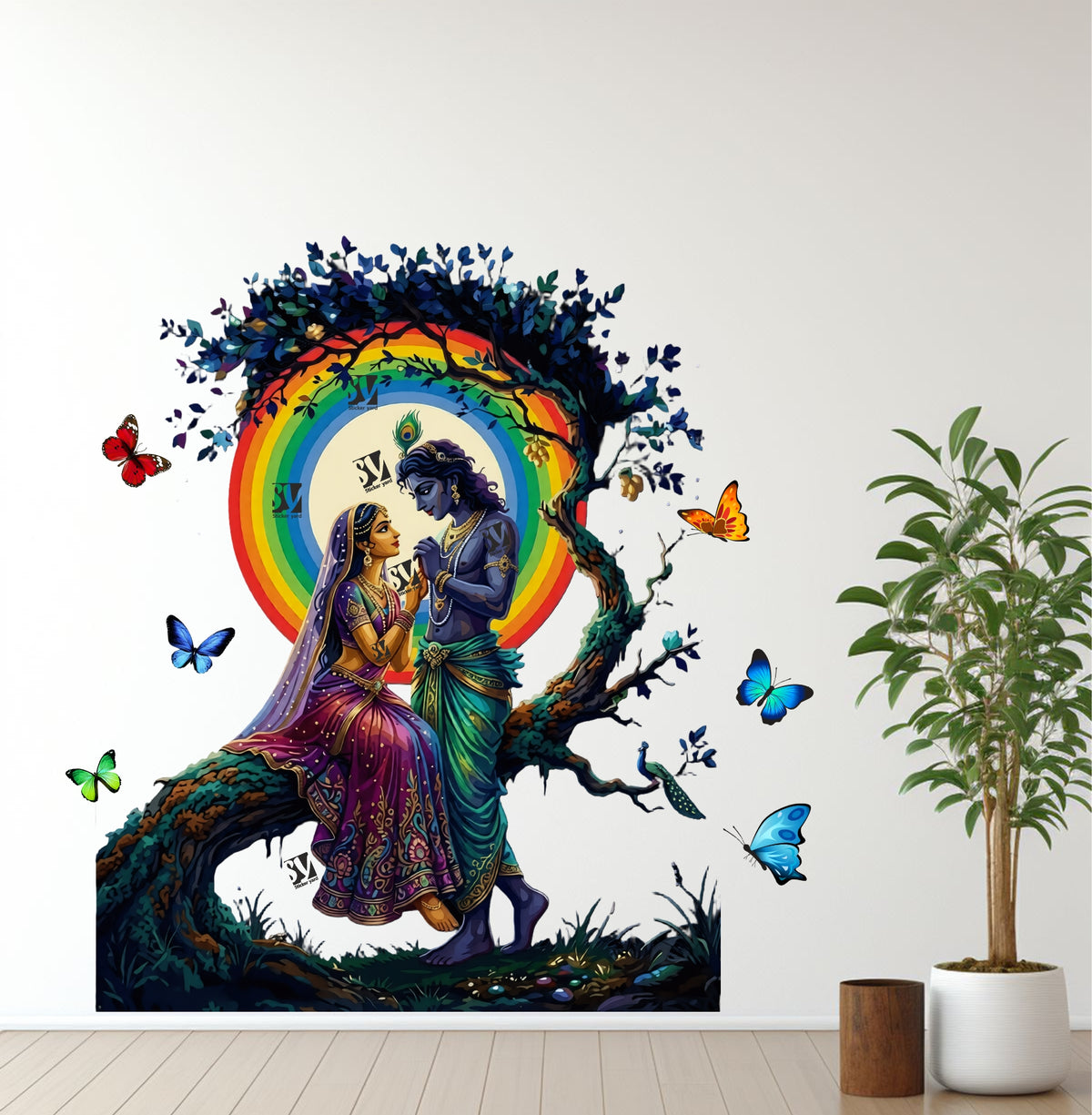 FramingoKart Radha Krishna On Tree Art Decal Wall Stickers For Home,Kids,Bedroom,Living,Kitchen,Office Multicolor Vinyl Size- 66X68CM