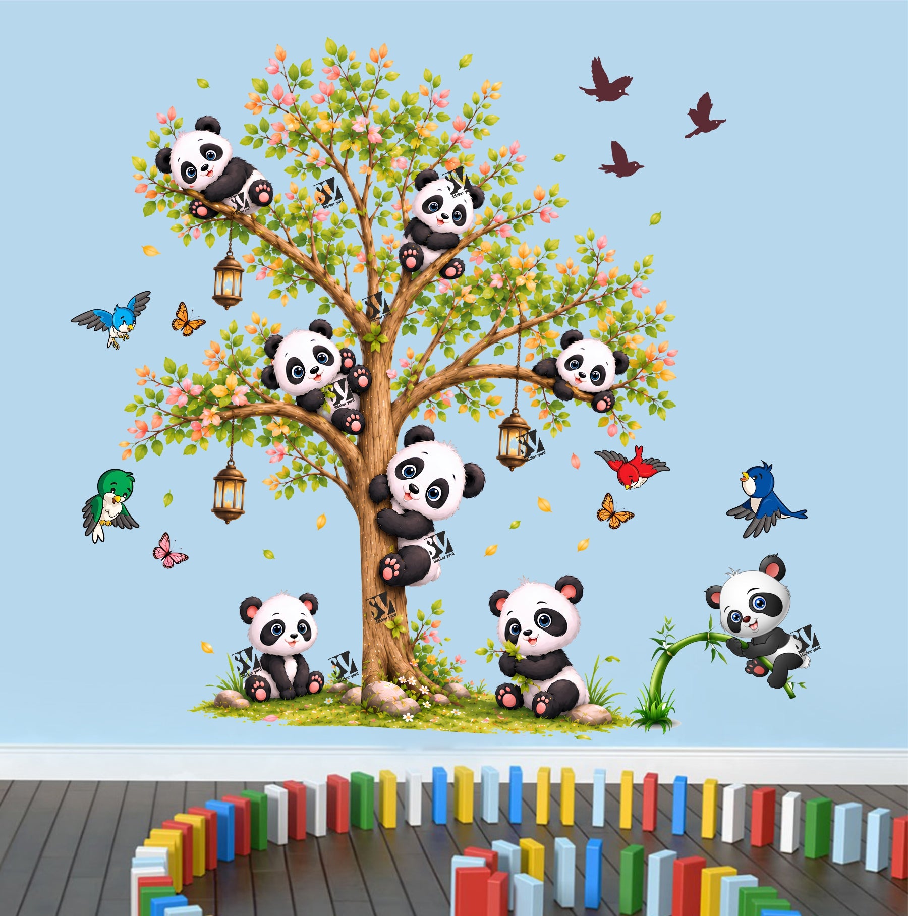 FramingoKart Kids Panda On Tree And Baby Art Decal Wall Stickers For Home,Kids,Bedroom,Living,Kitchen,Office Multicolor Vinyl Size- 68X68CM