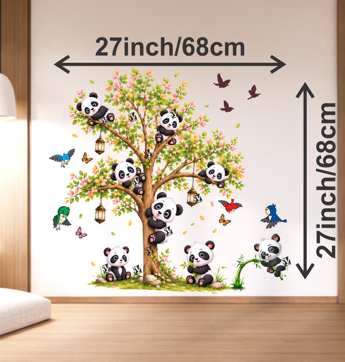 FramingoKart Kids Panda On Tree And Baby Art Decal Wall Stickers For Home,Kids,Bedroom,Living,Kitchen,Office Multicolor Vinyl Size- 68X68CM