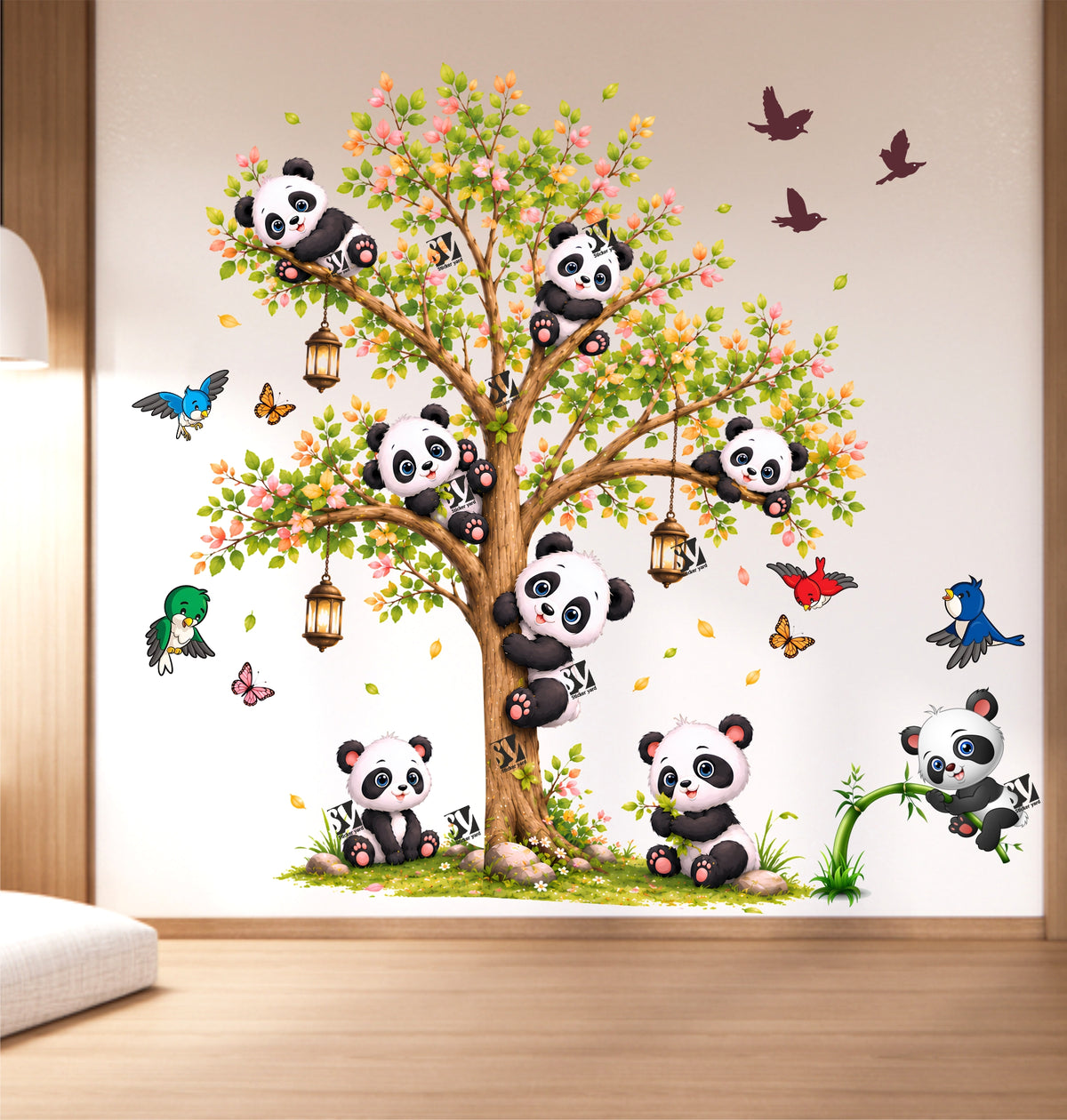 FramingoKart Kids Panda On Tree And Baby Art Decal Wall Stickers For Home,Kids,Bedroom,Living,Kitchen,Office Multicolor Vinyl Size- 68X68CM