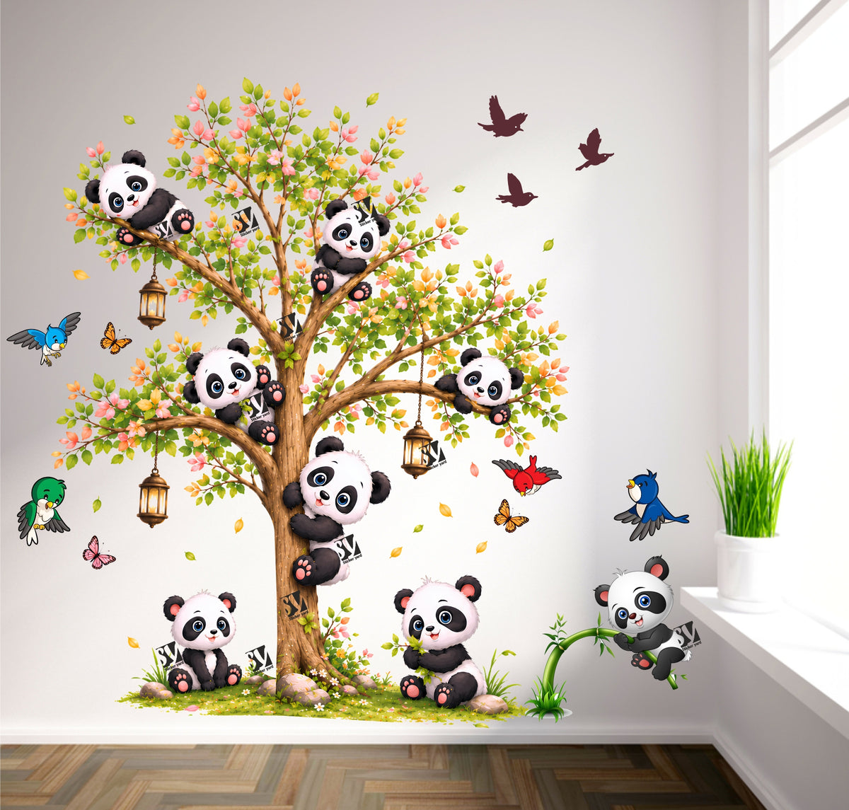 FramingoKart Kids Panda On Tree And Baby Art Decal Wall Stickers For Home,Kids,Bedroom,Living,Kitchen,Office Multicolor Vinyl Size- 68X68CM