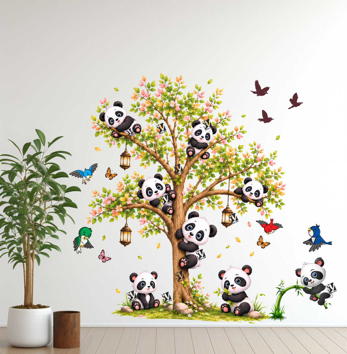 FramingoKart Kids Panda On Tree And Baby Art Decal Wall Stickers For Home,Kids,Bedroom,Living,Kitchen,Office Multicolor Vinyl Size- 68X68CM