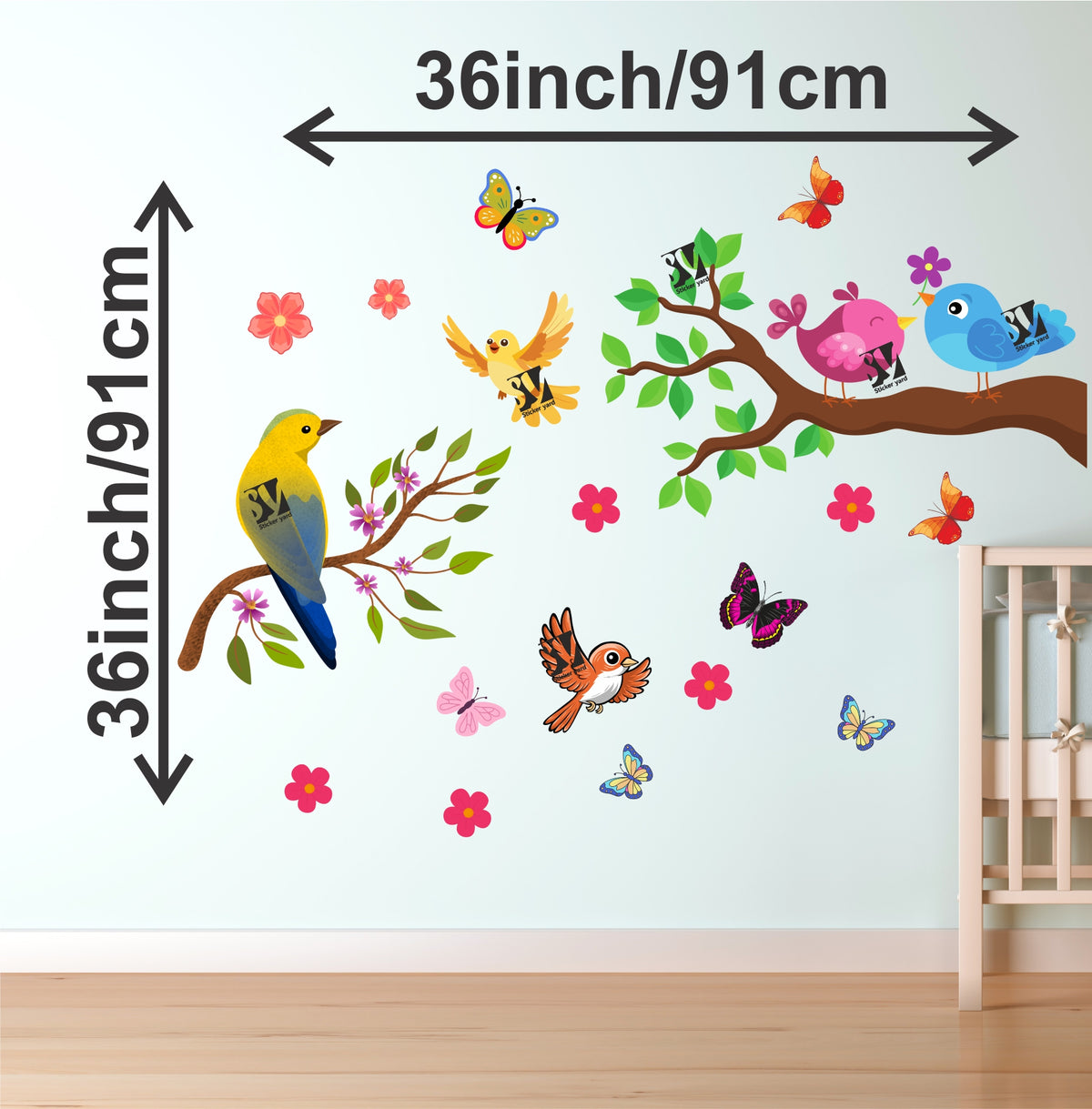 FramingoKart Birds Branch Art Decal Wall Stickers For Home,Kids,Bedroom,Living,Kitchen,Office Multicolor Vinyl Size- 91X91CM