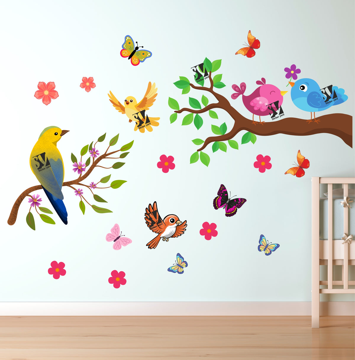 FramingoKart Birds Branch Art Decal Wall Stickers For Home,Kids,Bedroom,Living,Kitchen,Office Multicolor Vinyl Size- 91X91CM