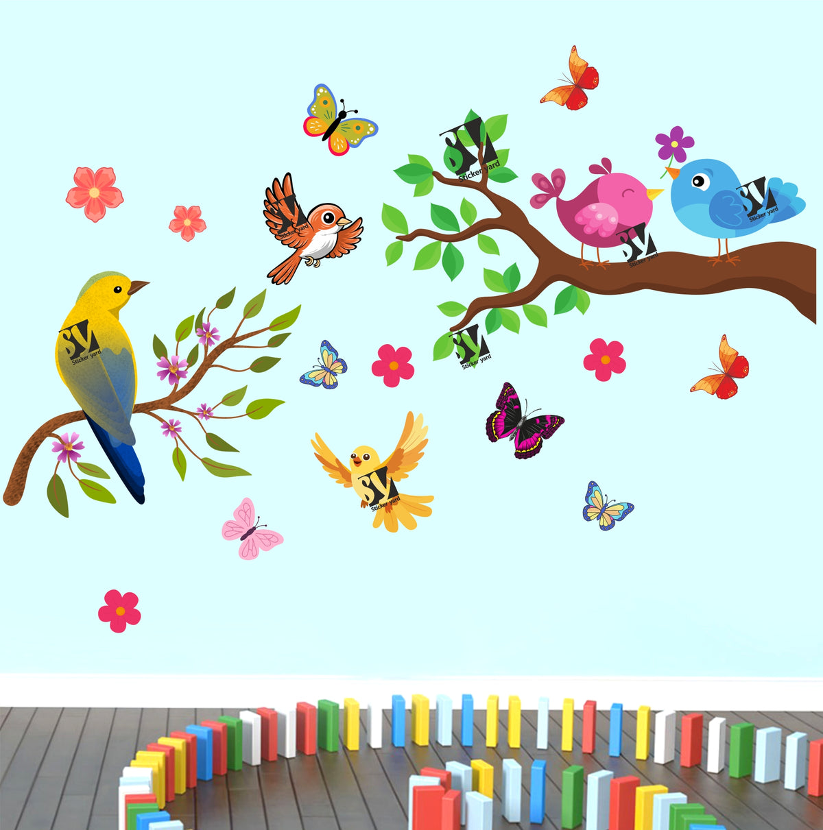 FramingoKart Birds Branch Art Decal Wall Stickers For Home,Kids,Bedroom,Living,Kitchen,Office Multicolor Vinyl Size- 91X91CM