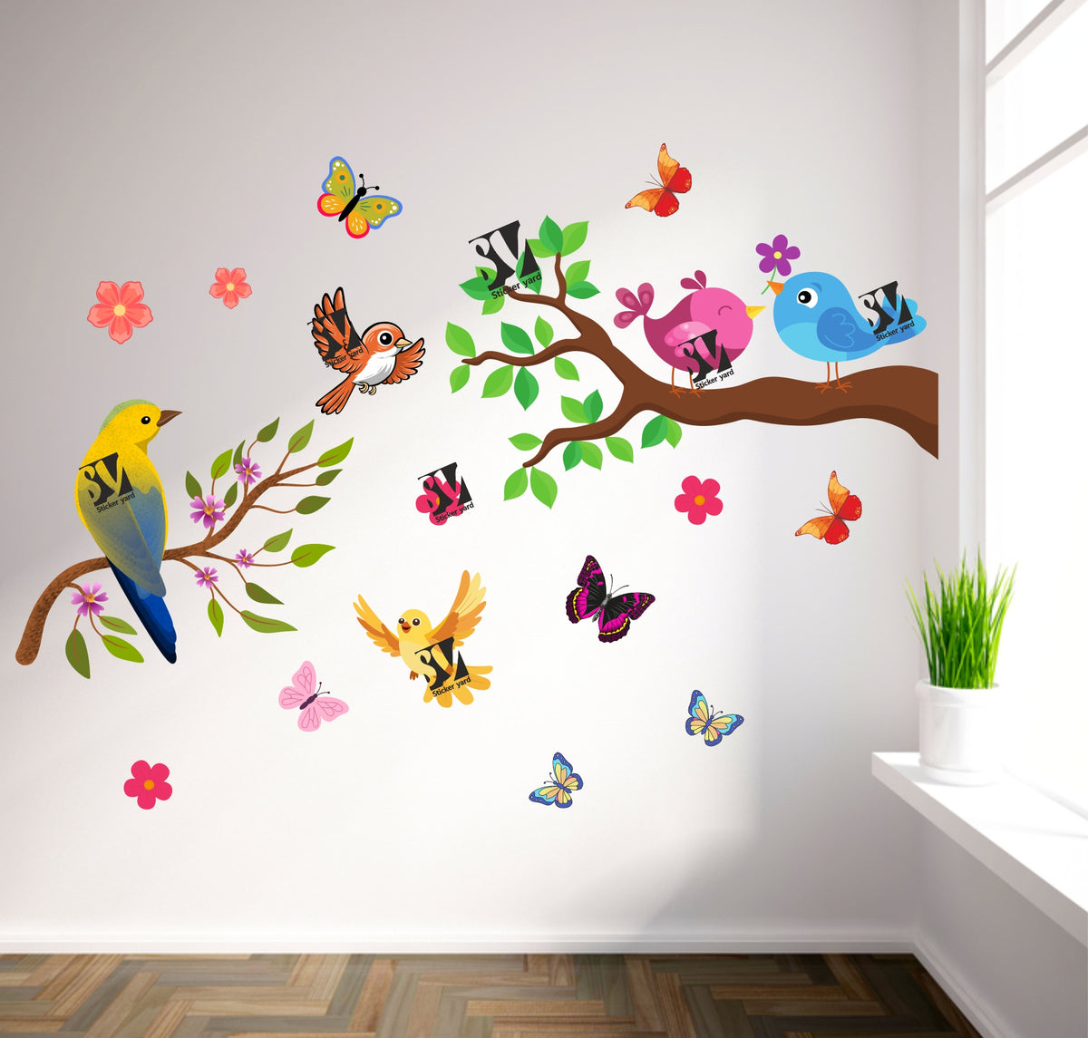 FramingoKart Birds Branch Art Decal Wall Stickers For Home,Kids,Bedroom,Living,Kitchen,Office Multicolor Vinyl Size- 91X91CM