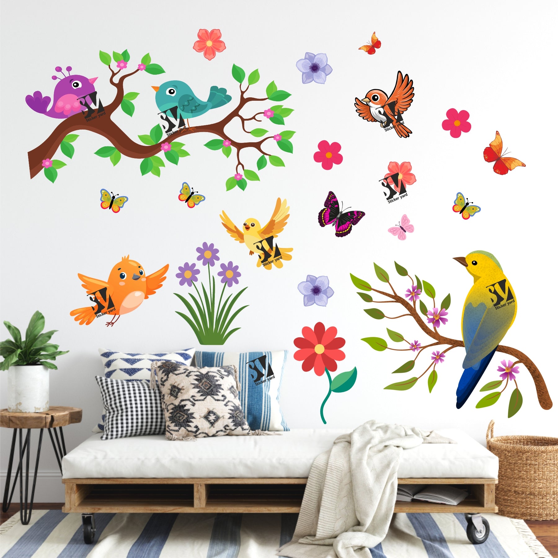 FramingoKart Birds On Branch Art Decal Wall Stickers For Home,Kids,Bedroom,Living,Kitchen,Office Multicolor Vinyl Size- 91X91CM