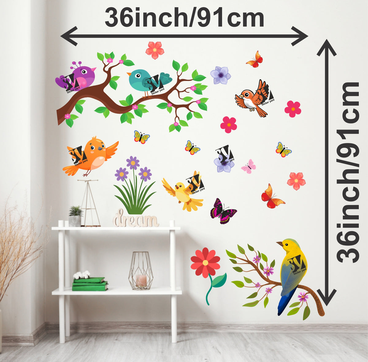 FramingoKart Birds On Branch Art Decal Wall Stickers For Home,Kids,Bedroom,Living,Kitchen,Office Multicolor Vinyl Size- 91X91CM