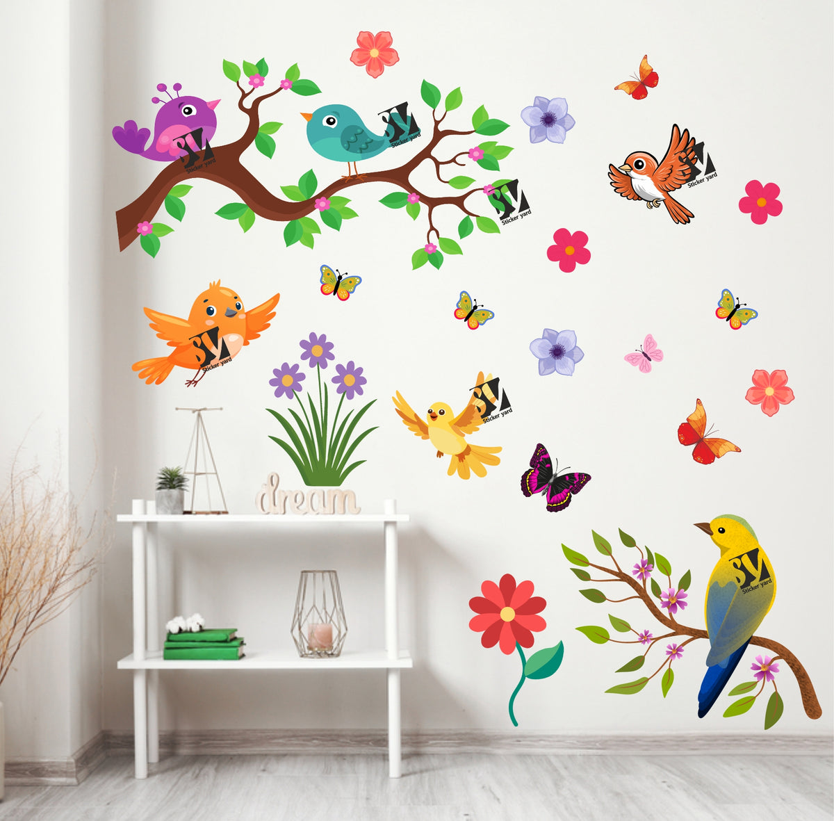 FramingoKart Birds On Branch Art Decal Wall Stickers For Home,Kids,Bedroom,Living,Kitchen,Office Multicolor Vinyl Size- 91X91CM
