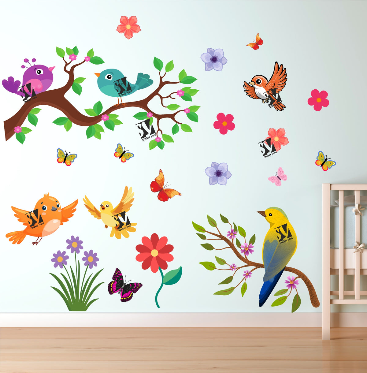 FramingoKart Birds On Branch Art Decal Wall Stickers For Home,Kids,Bedroom,Living,Kitchen,Office Multicolor Vinyl Size- 91X91CM