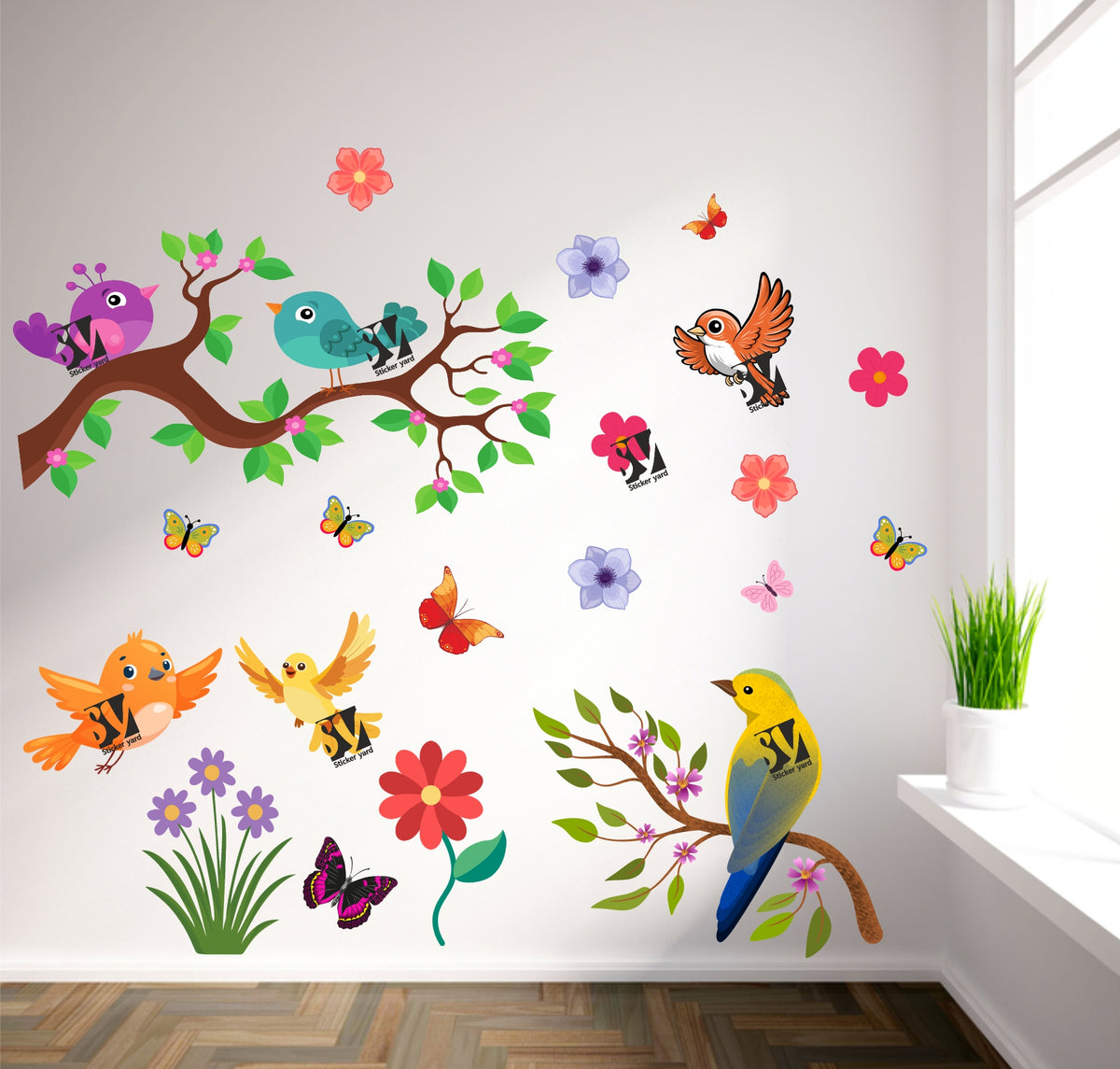 FramingoKart Birds On Branch Art Decal Wall Stickers For Home,Kids,Bedroom,Living,Kitchen,Office Multicolor Vinyl Size- 91X91CM