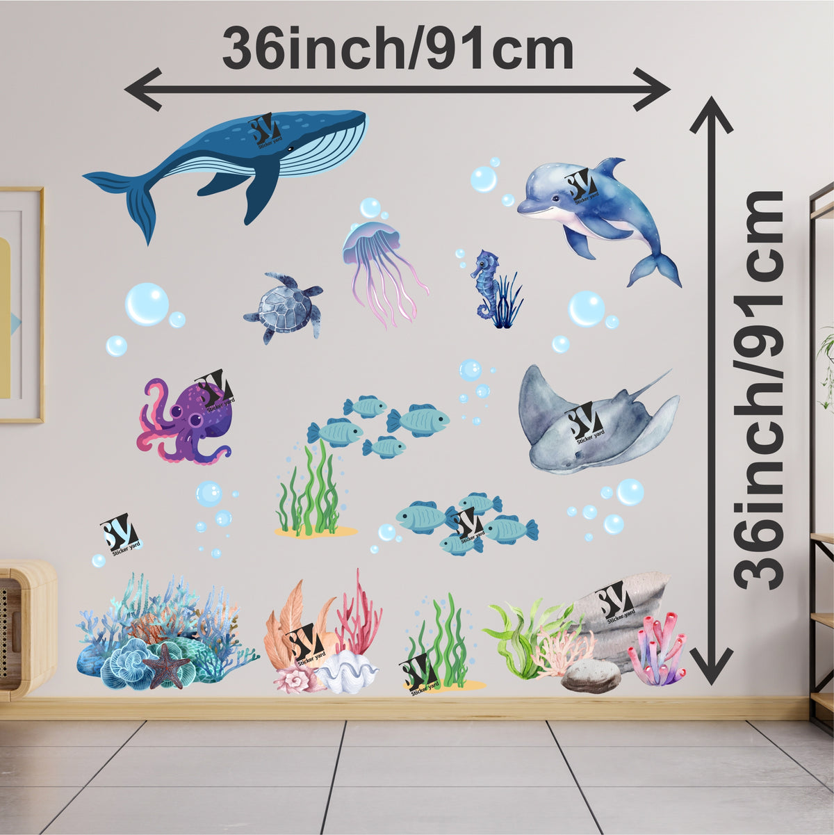 FramingoKart Fishes & Sea Creatures Art Decal Wall Stickers For Home,Kids,Bedroom,Living,Kitchen,Office Multicolor Vinyl Size- 91X91CM