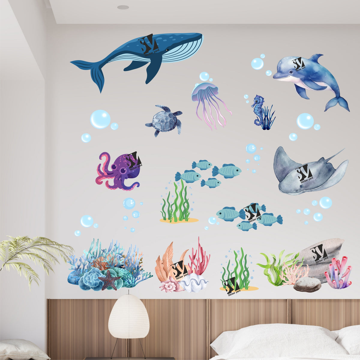 FramingoKart Fishes & Sea Creatures Art Decal Wall Stickers For Home,Kids,Bedroom,Living,Kitchen,Office Multicolor Vinyl Size- 91X91CM