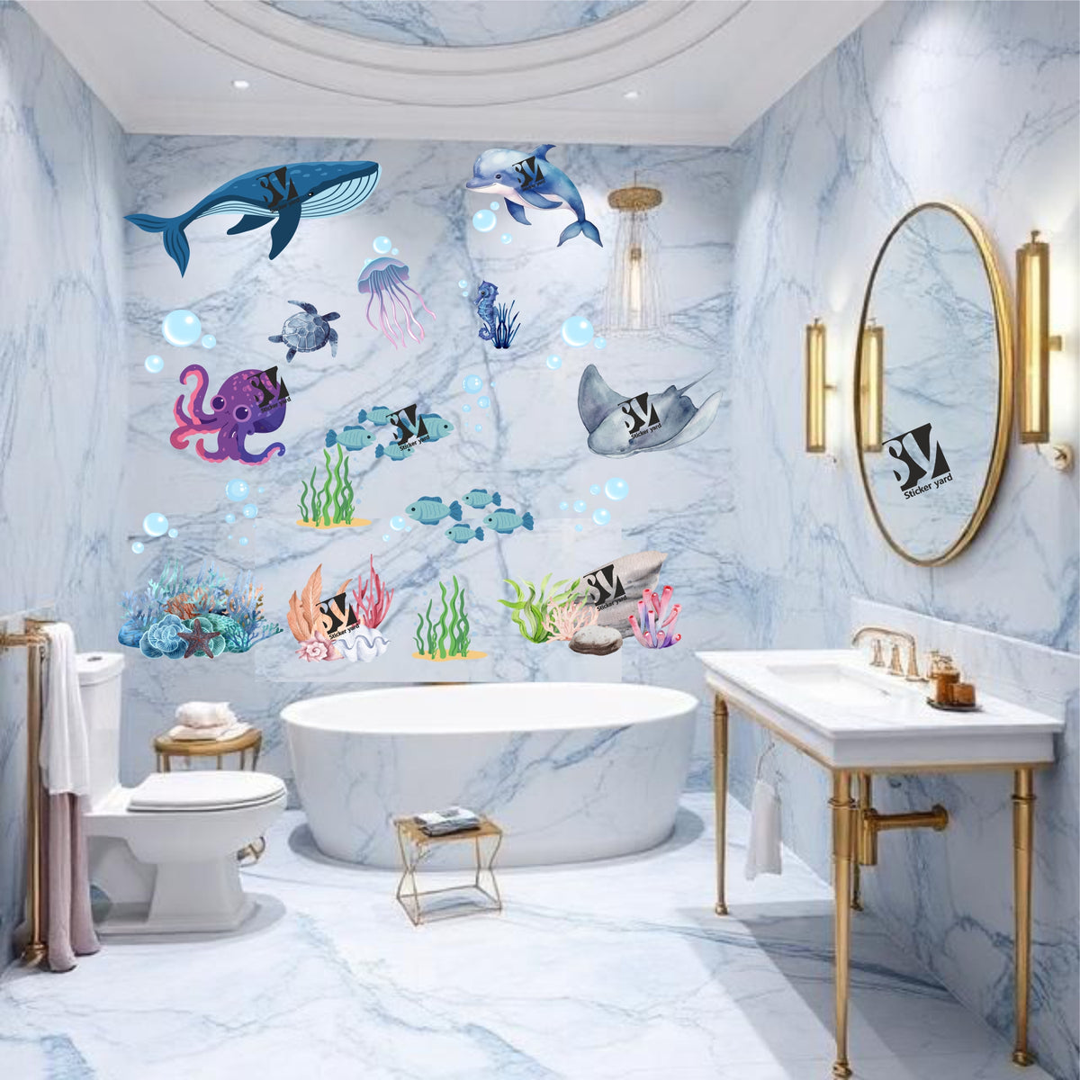 FramingoKart Fishes & Sea Creatures Art Decal Wall Stickers For Home,Kids,Bedroom,Living,Kitchen,Office Multicolor Vinyl Size- 91X91CM