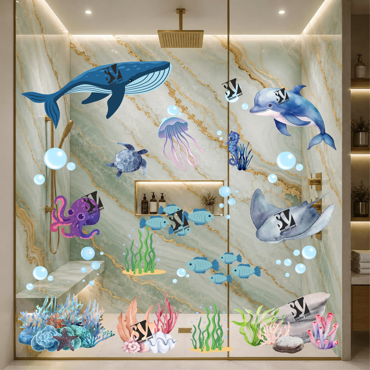 FramingoKart Fishes & Sea Creatures Art Decal Wall Stickers For Home,Kids,Bedroom,Living,Kitchen,Office Multicolor Vinyl Size- 91X91CM