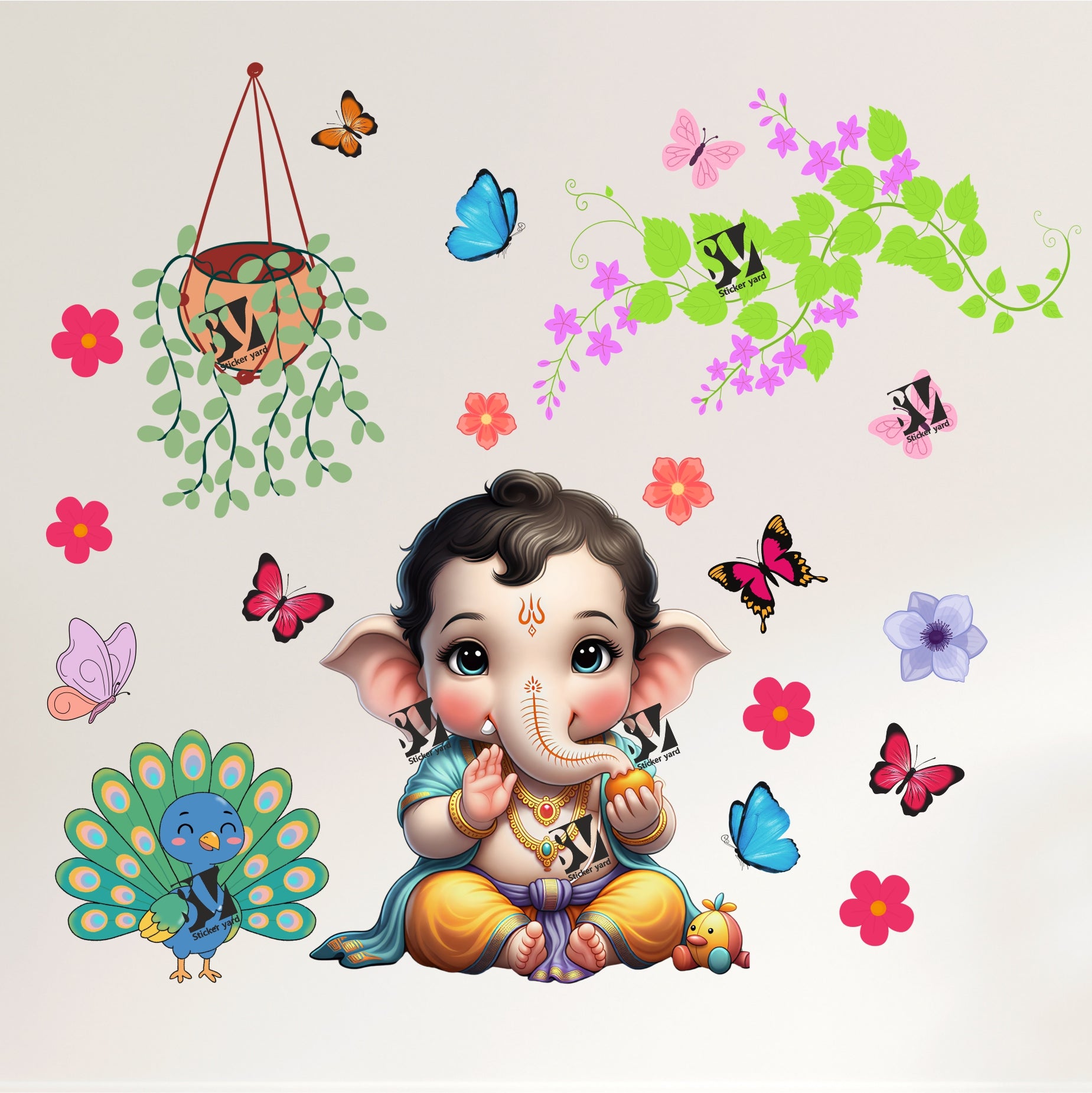 FramingoKart Bal Ganesh ji Branch Art Decal Wall Stickers For Home,Kids,Bedroom,Living,Kitchen,Office Multicolor Vinyl Size- 91X91CM