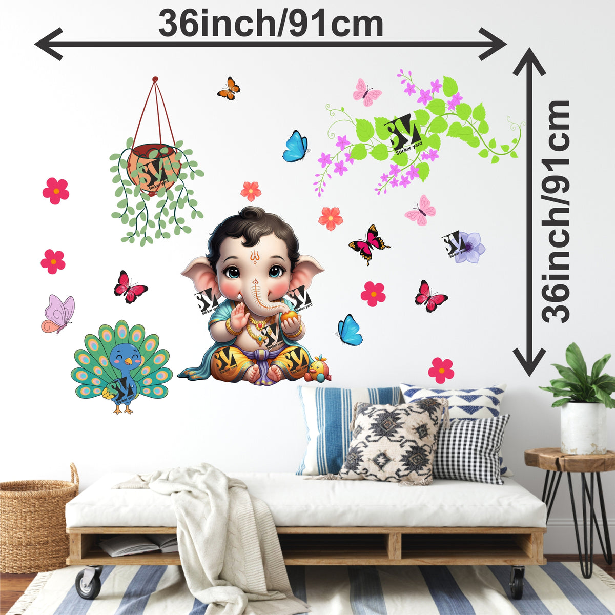 FramingoKart Bal Ganesh ji Branch Art Decal Wall Stickers For Home,Kids,Bedroom,Living,Kitchen,Office Multicolor Vinyl Size- 91X91CM