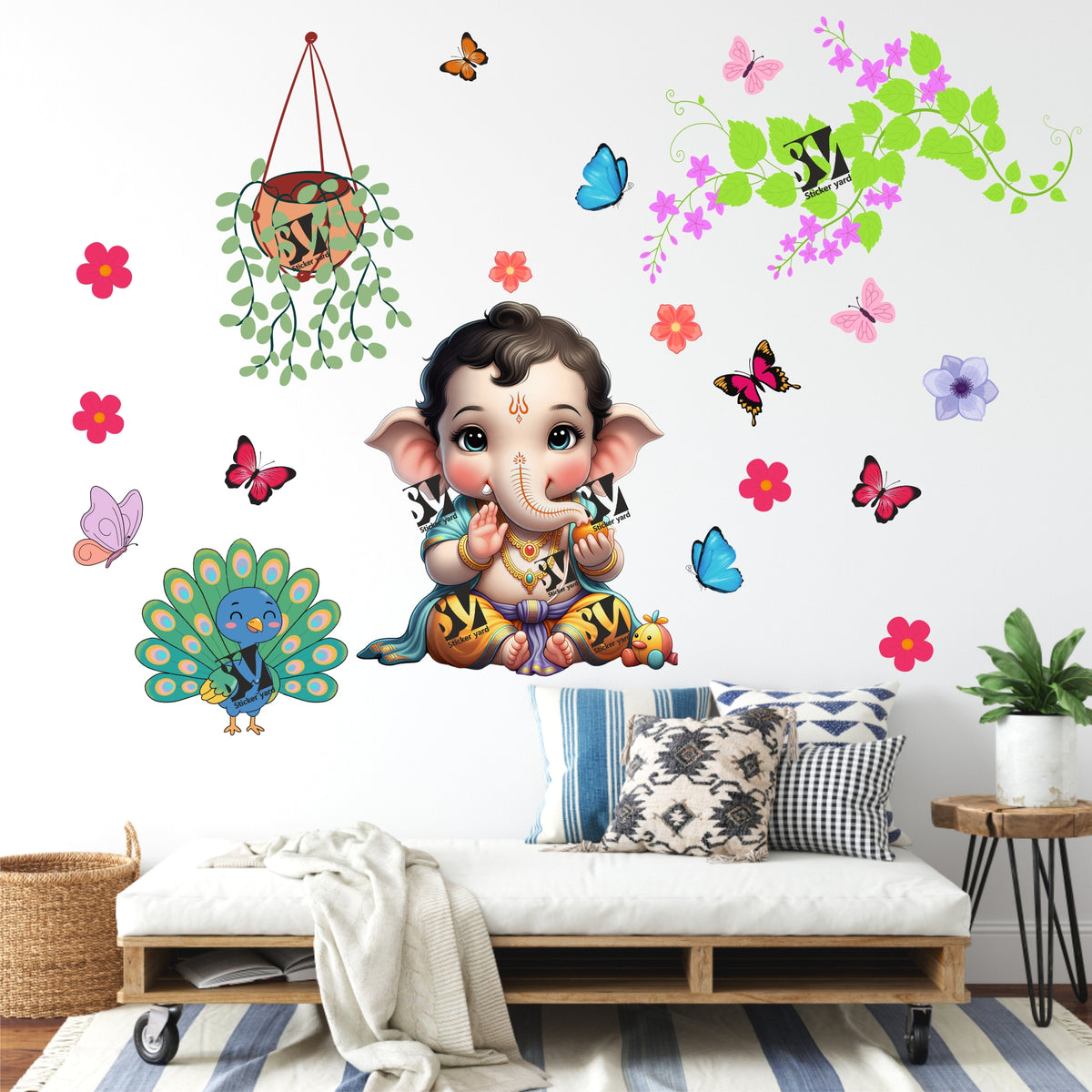 FramingoKart Bal Ganesh ji Branch Art Decal Wall Stickers For Home,Kids,Bedroom,Living,Kitchen,Office Multicolor Vinyl Size- 91X91CM