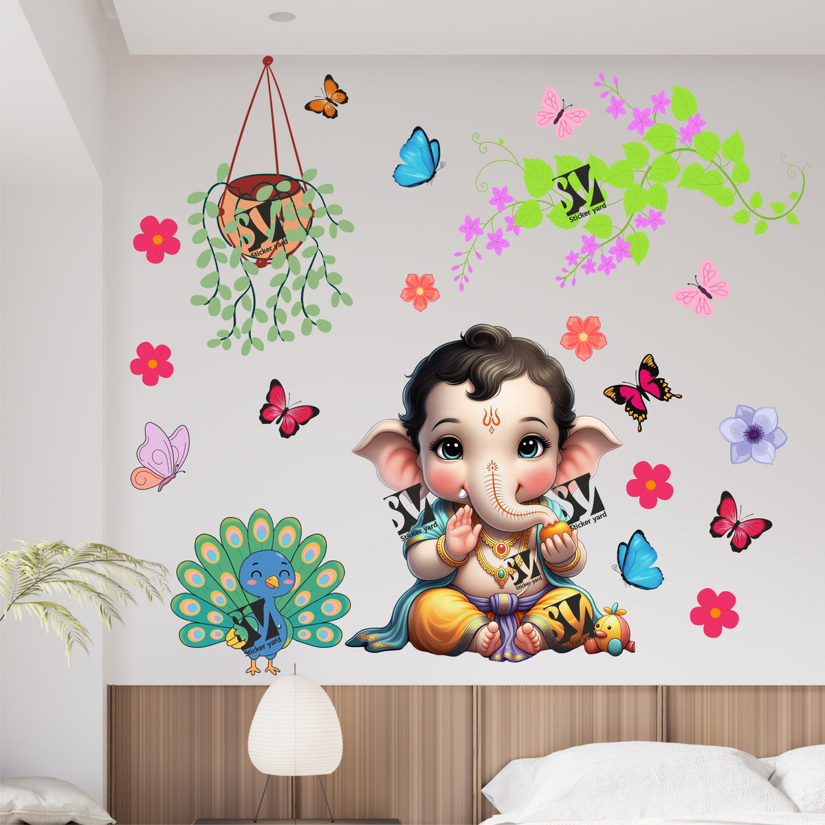 FramingoKart Bal Ganesh ji Branch Art Decal Wall Stickers For Home,Kids,Bedroom,Living,Kitchen,Office Multicolor Vinyl Size- 91X91CM