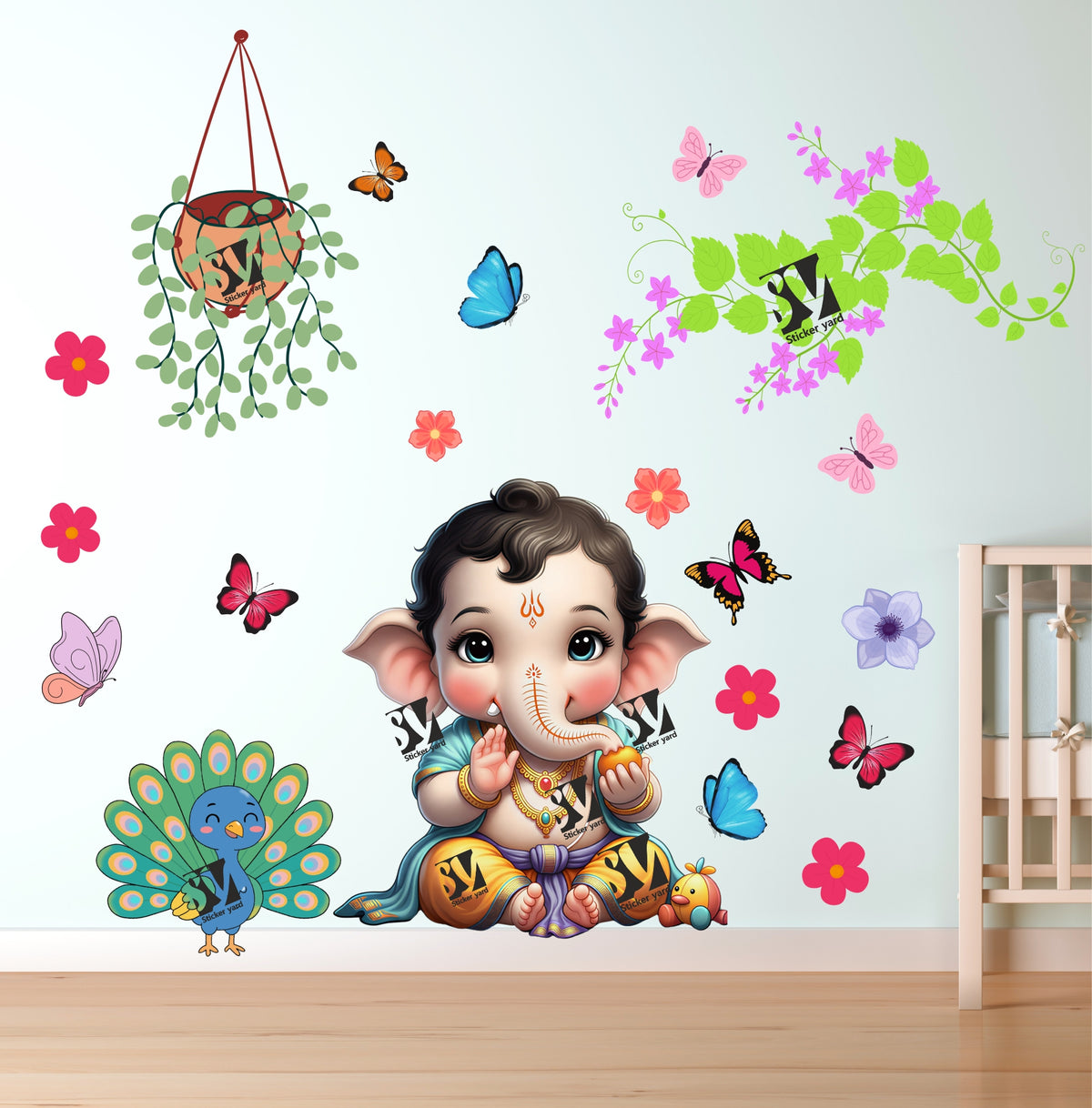 FramingoKart Bal Ganesh ji Branch Art Decal Wall Stickers For Home,Kids,Bedroom,Living,Kitchen,Office Multicolor Vinyl Size- 91X91CM