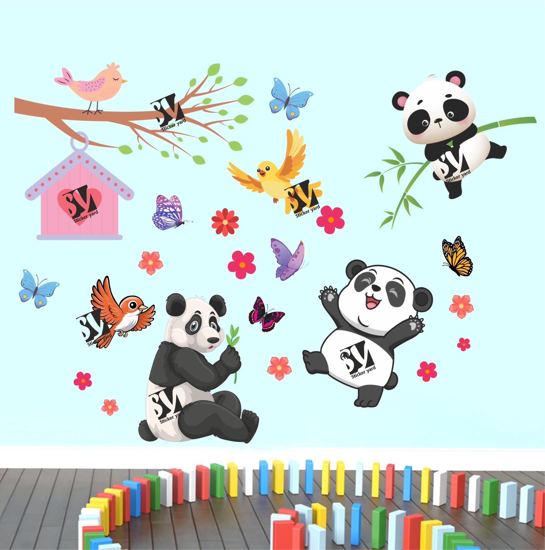 FramingoKart Cute Pandas And Branch Art Decal Wall Stickers For Home,Kids,Bedroom,Living,Kitchen,Office Multicolor Vinyl Size- 91X91CM