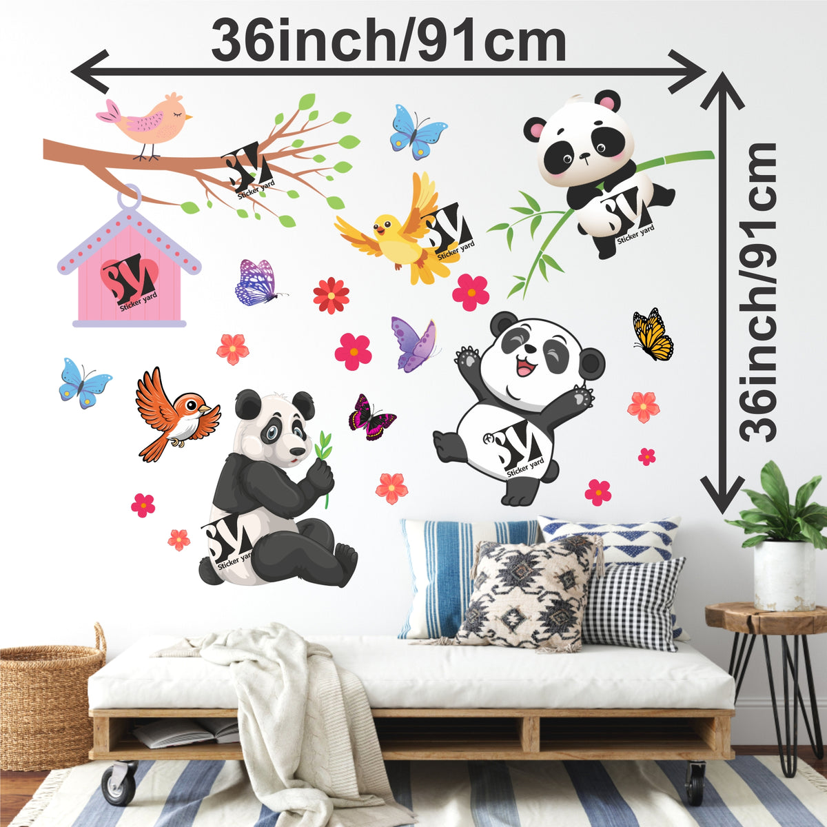 FramingoKart Cute Pandas And Branch Art Decal Wall Stickers For Home,Kids,Bedroom,Living,Kitchen,Office Multicolor Vinyl Size- 91X91CM