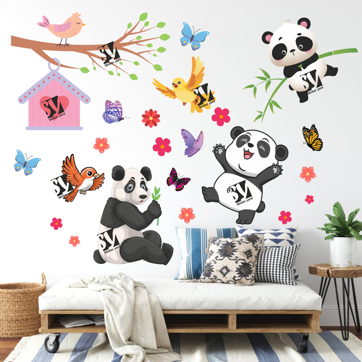 FramingoKart Cute Pandas And Branch Art Decal Wall Stickers For Home,Kids,Bedroom,Living,Kitchen,Office Multicolor Vinyl Size- 91X91CM