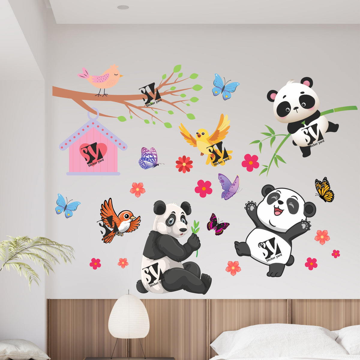 FramingoKart Cute Pandas And Branch Art Decal Wall Stickers For Home,Kids,Bedroom,Living,Kitchen,Office Multicolor Vinyl Size- 91X91CM