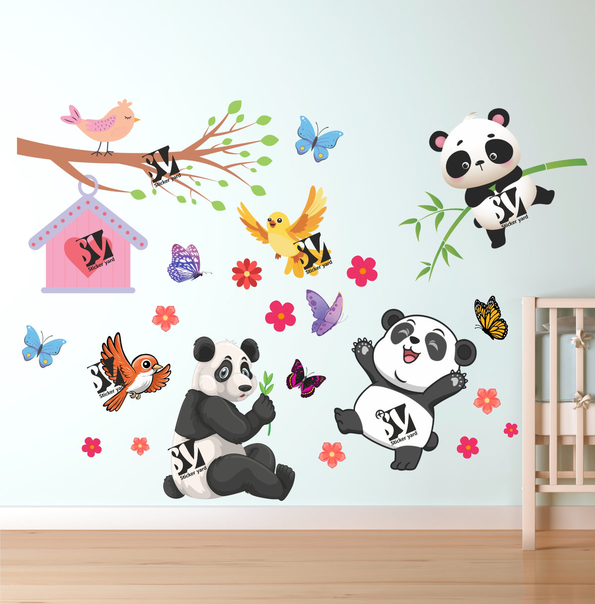 FramingoKart Cute Pandas And Branch Art Decal Wall Stickers For Home,Kids,Bedroom,Living,Kitchen,Office Multicolor Vinyl Size- 91X91CM